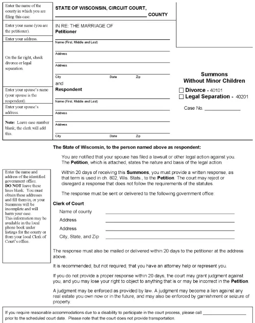 Wisconsin Divorce Summons Without Minor Children PDF
