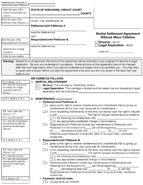 Wisconsin Marital Settlement Agreement Without Minor Children PDF