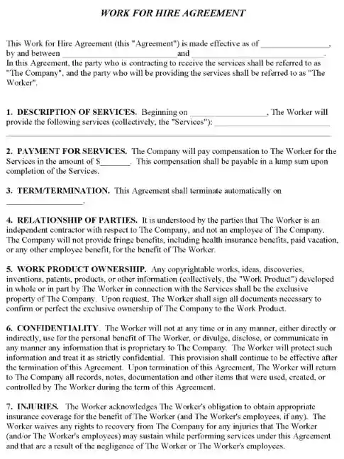 Work for Hire Agreement Form PDF
