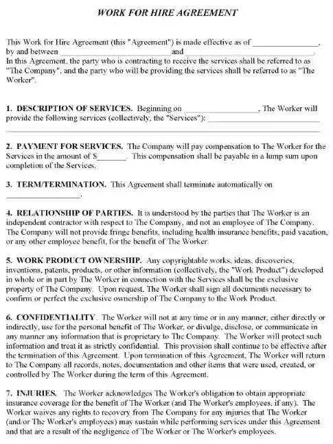 Work for Hire Agreement Form Word