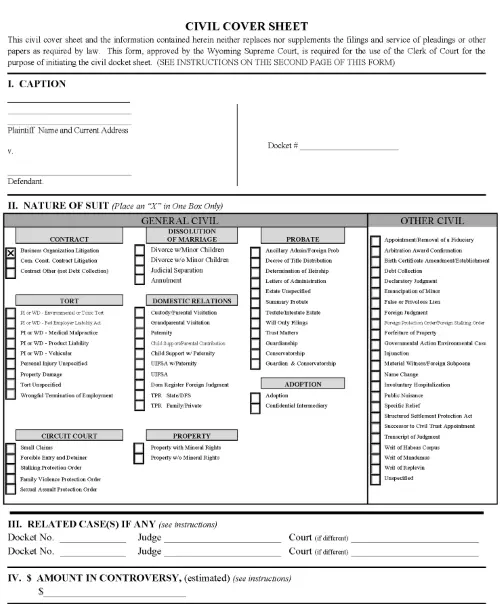 Wyoming Civil Case Cover Sheet PDF