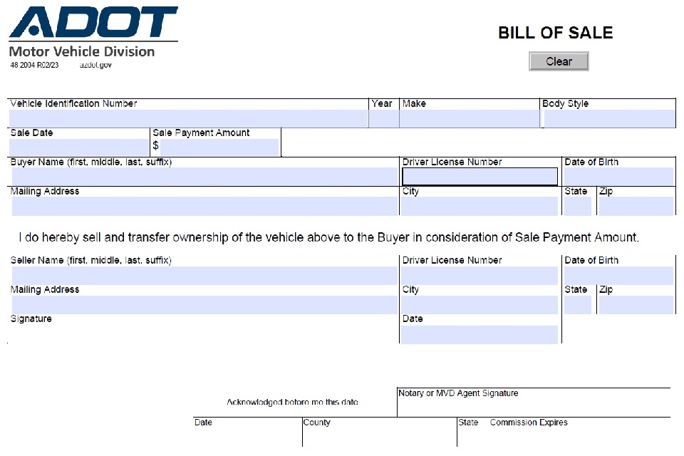 Arizona Motor Vehicle Bill of Sale For Truck or Car ADOT 48-2004