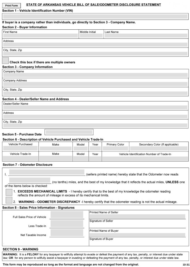 Arkansas Motor Vehicle Bill of Sale For Truck or Car