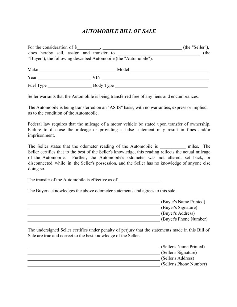 Bill of Sale For Automobile