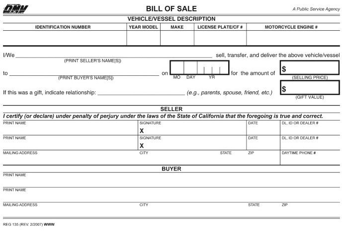 California Motor Vehicle Bill of Sale For Truck or Car CA Reg 135