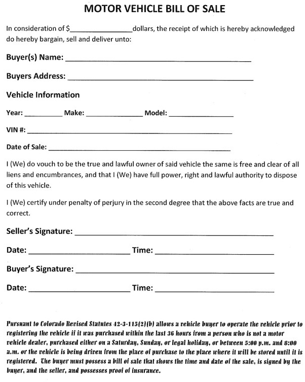 Colorado Motor Vehicle Bill of Sale For Truck or Car