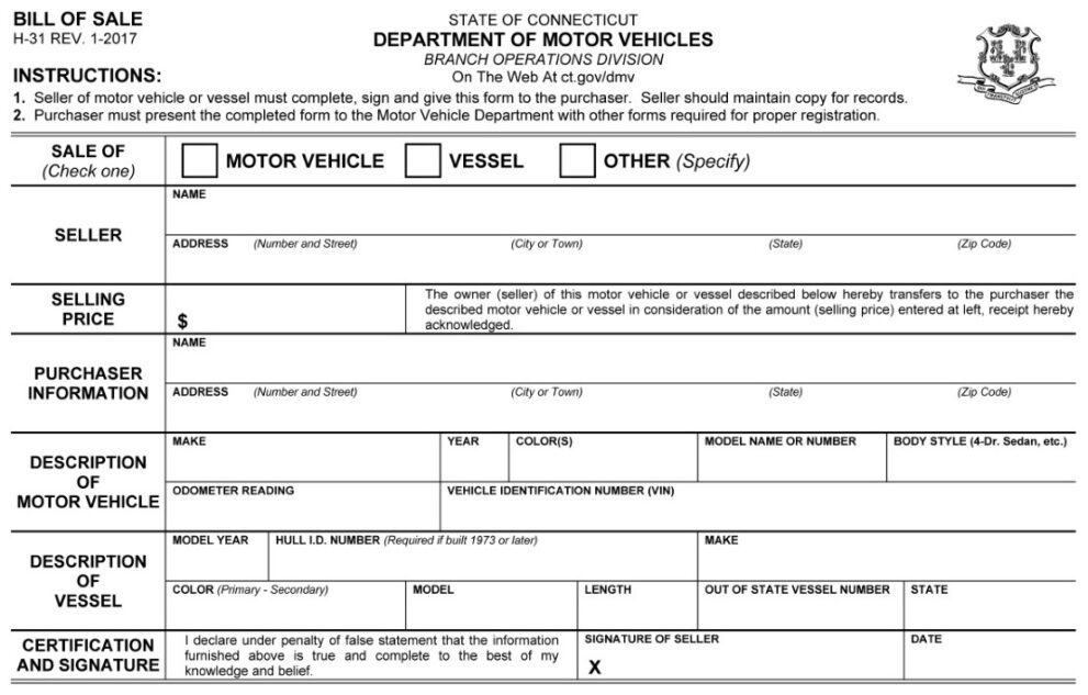 Connecticut Motor Vehicle Bill of Sale For Truck or Car