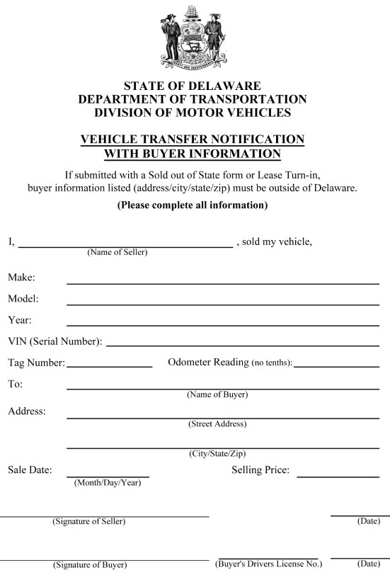 Delaware Motor Vehicle Bill of Sale For Truck or Car