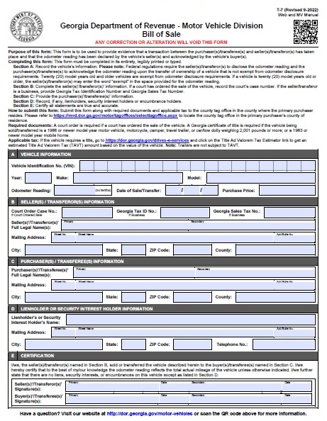 Georgia Motor Vehicle Bill of Sale For Truck or Car T 7