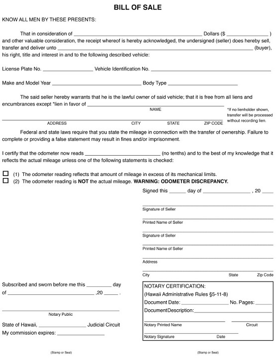 Hawaii Motor Vehicle Bill of Sale For Truck or Car MVR 40