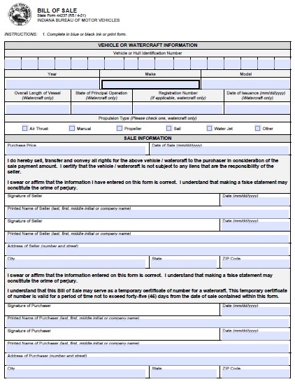 Indiana Motor Vehicle Bill of Sale For Truck or Car BMV 44237