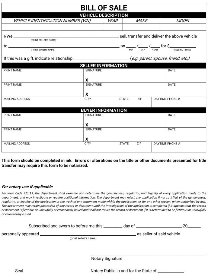 Iowa Motor Vehicle Bill of Sale For Truck or Car Form