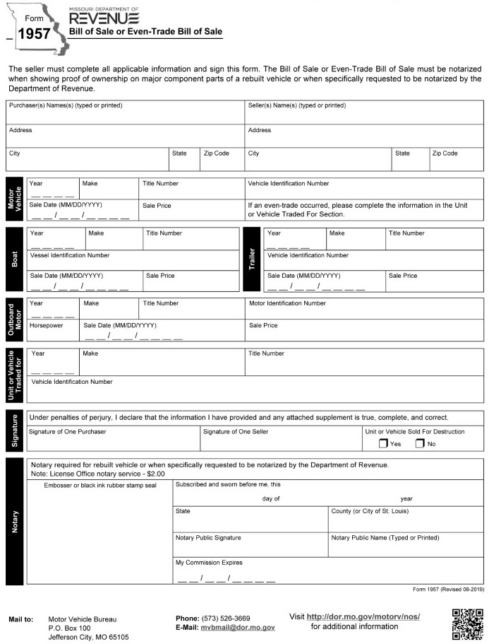 Missouri Motor Vehicle Bill of Sale For Truck or Car 1957