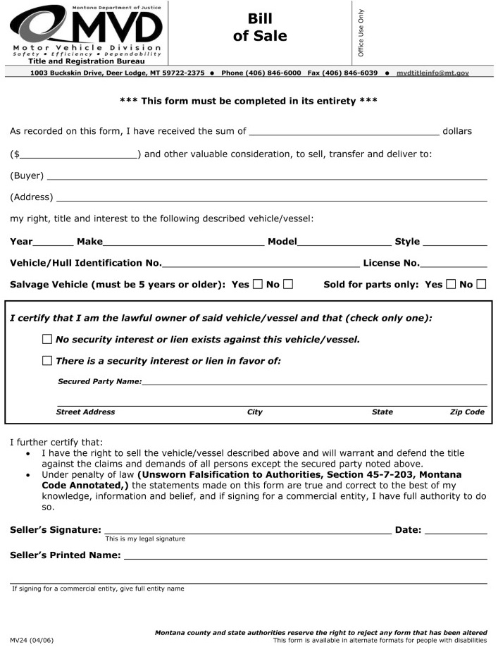 Montana Motor Vehicle Bill of Sale For Truck or Car MV 24