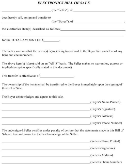 Free Printable Bill of Sale For Electronics PDF & Word