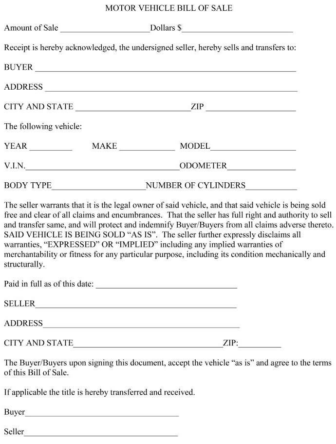 New Hampshire Motor Vehicle Bill of Sale For Truck or Car