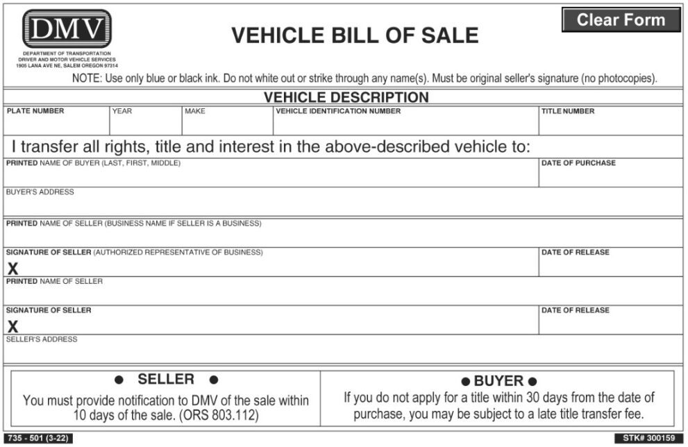 Oregon Motor Vehicle Bill of Sale For Truck or Car DMV 735 501