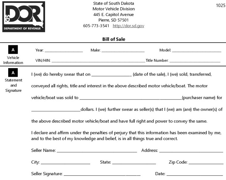 South Dakota Motor Vehicle Bill of Sale For Truck or Car 1025