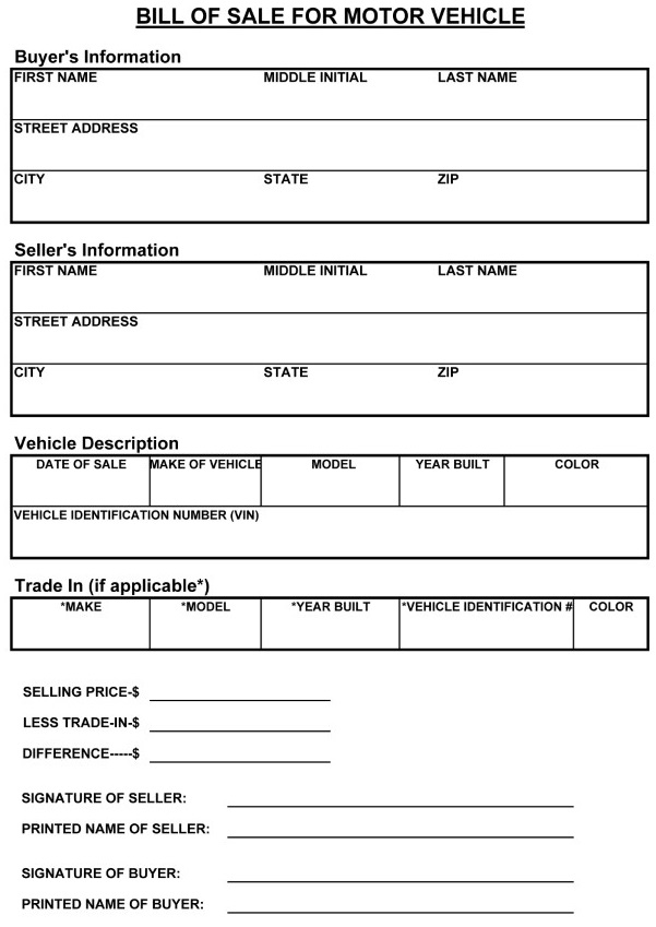 Tennessee Motor Vehicle Bill of Sale For Truck or Car