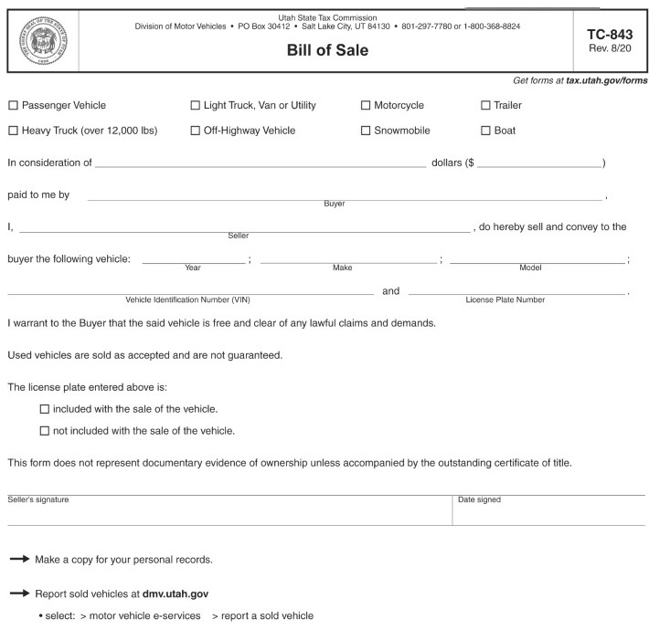 Utah Motor Vehicle Bill of Sale For Truck or Car TC 843