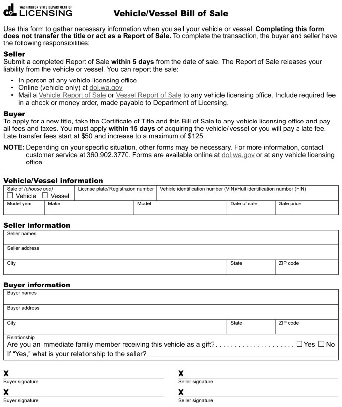 Washington Motor Vehicle Bill of Sale For Truck or Car Form TD 520 065