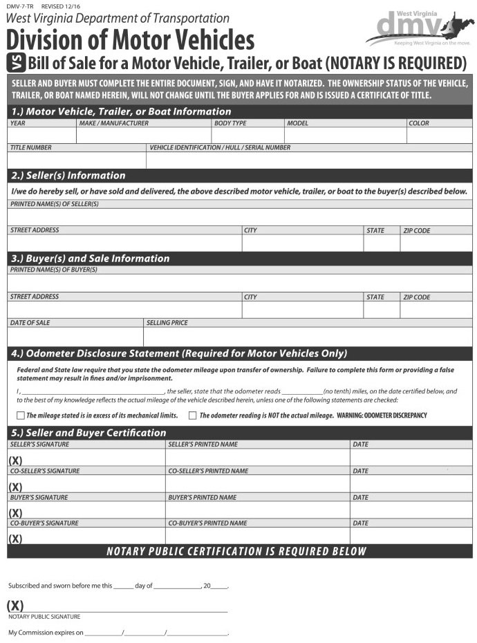 West Virginia Motor Vehicle Bill of Sale For Truck or Car DMV 7 TR