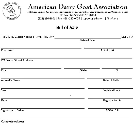 ADGA Goat Bill of Sale
