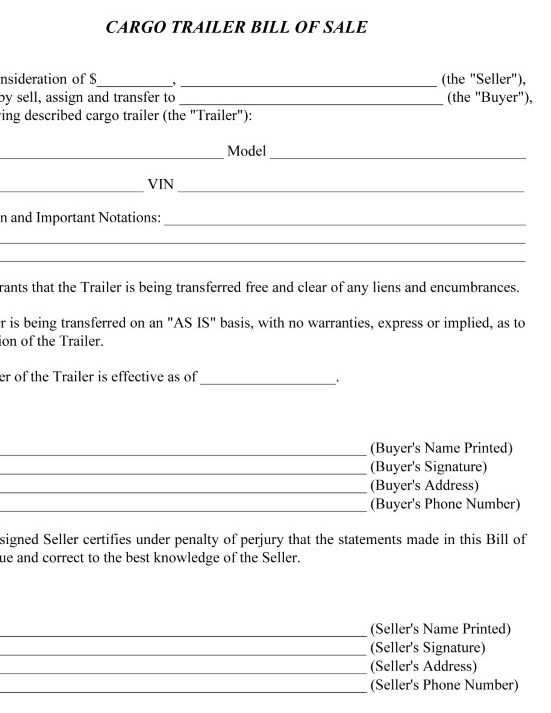 Cargo Trailer Bill of Sale Template