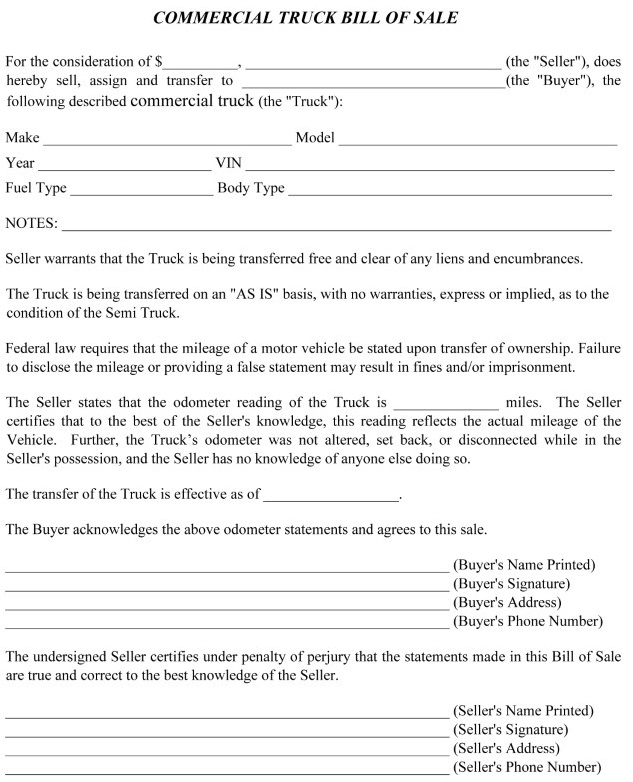 Commercial Truck Bill of Sale Template