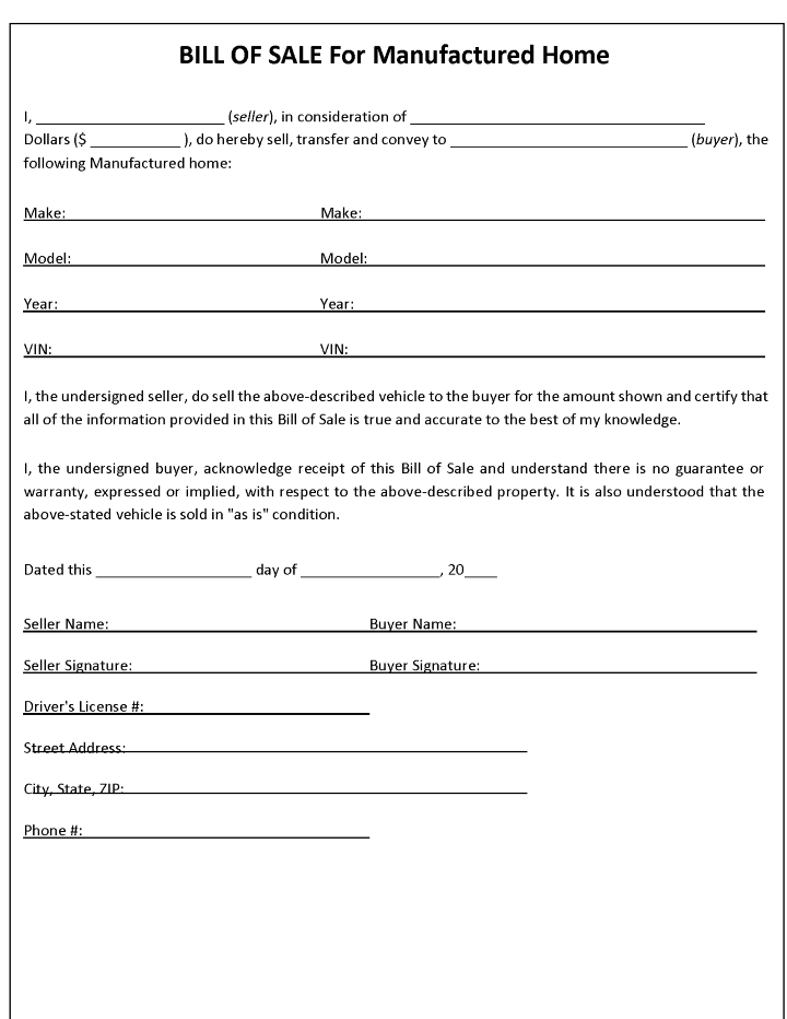 Manufactured Home Bill of Sale