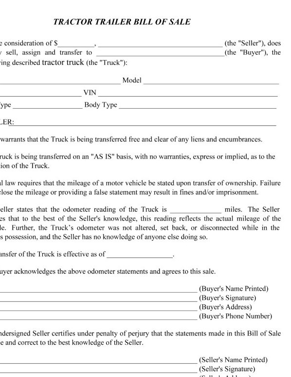 Tractor Trailer Bill of Sale Template