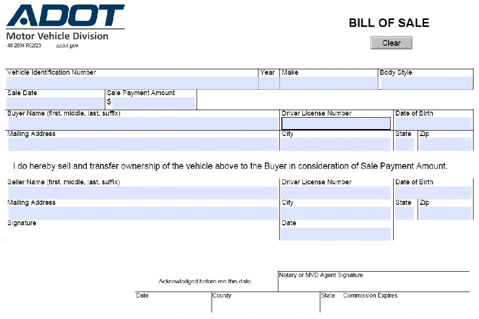 Arizona RV Bill of Sale Form