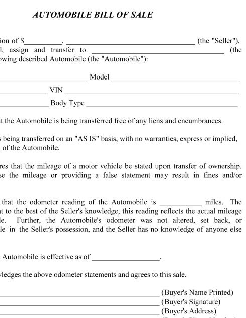 Bill of Sale For Automobile