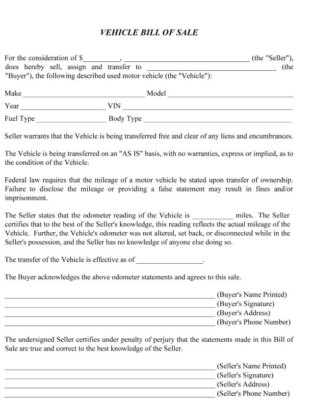 Bill of Sale For Vehicle Example