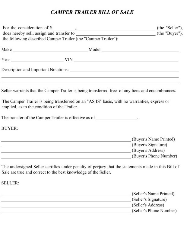 Camper Trailer Bill of Sale Form