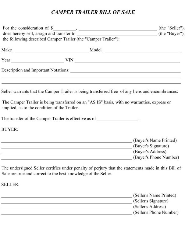 Camper Trailer Bill of Sale Template