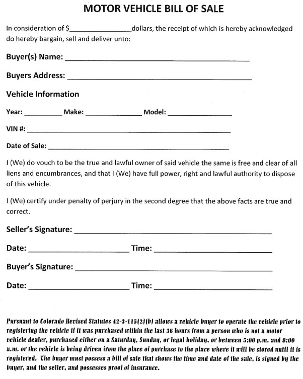 Colorado RV Bill of Sale Template