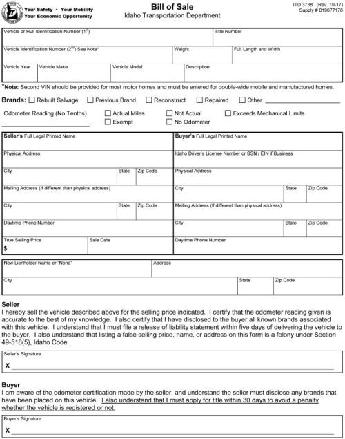 Free Printable Idaho Semi Truck Bill of Sale PDF &amp; Word