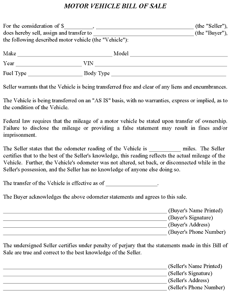 Motor Vehicle Bill of Sale For Truck or Car Form