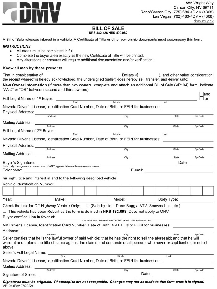 Nevada Semi Truck Bill of Sale Template VP 104