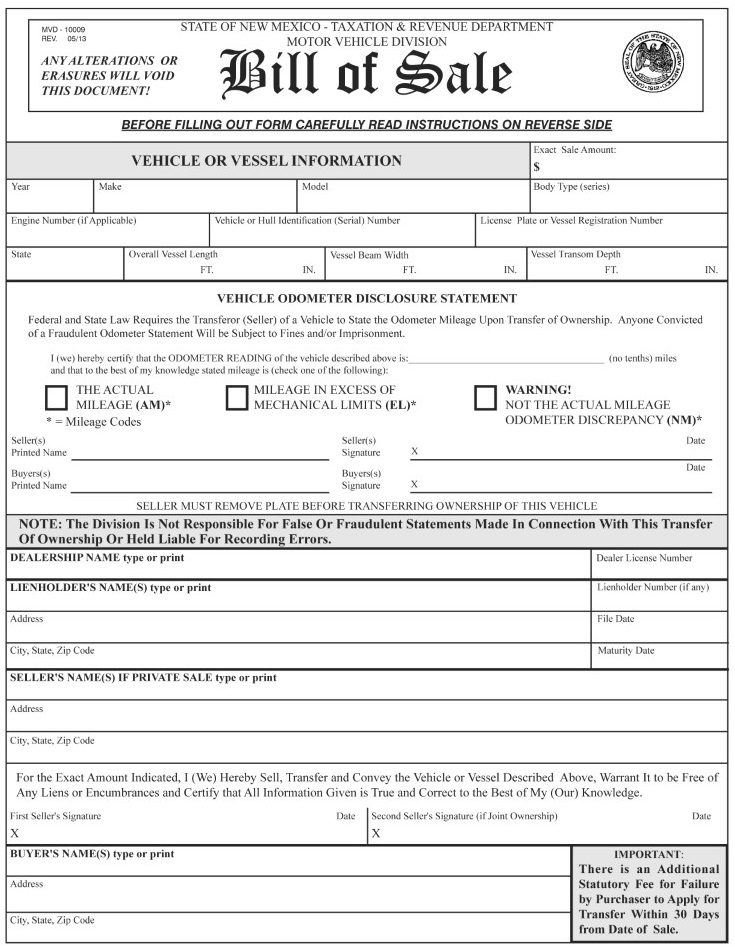 New Mexico Semi Truck Bill of Sale Template MVD 10009