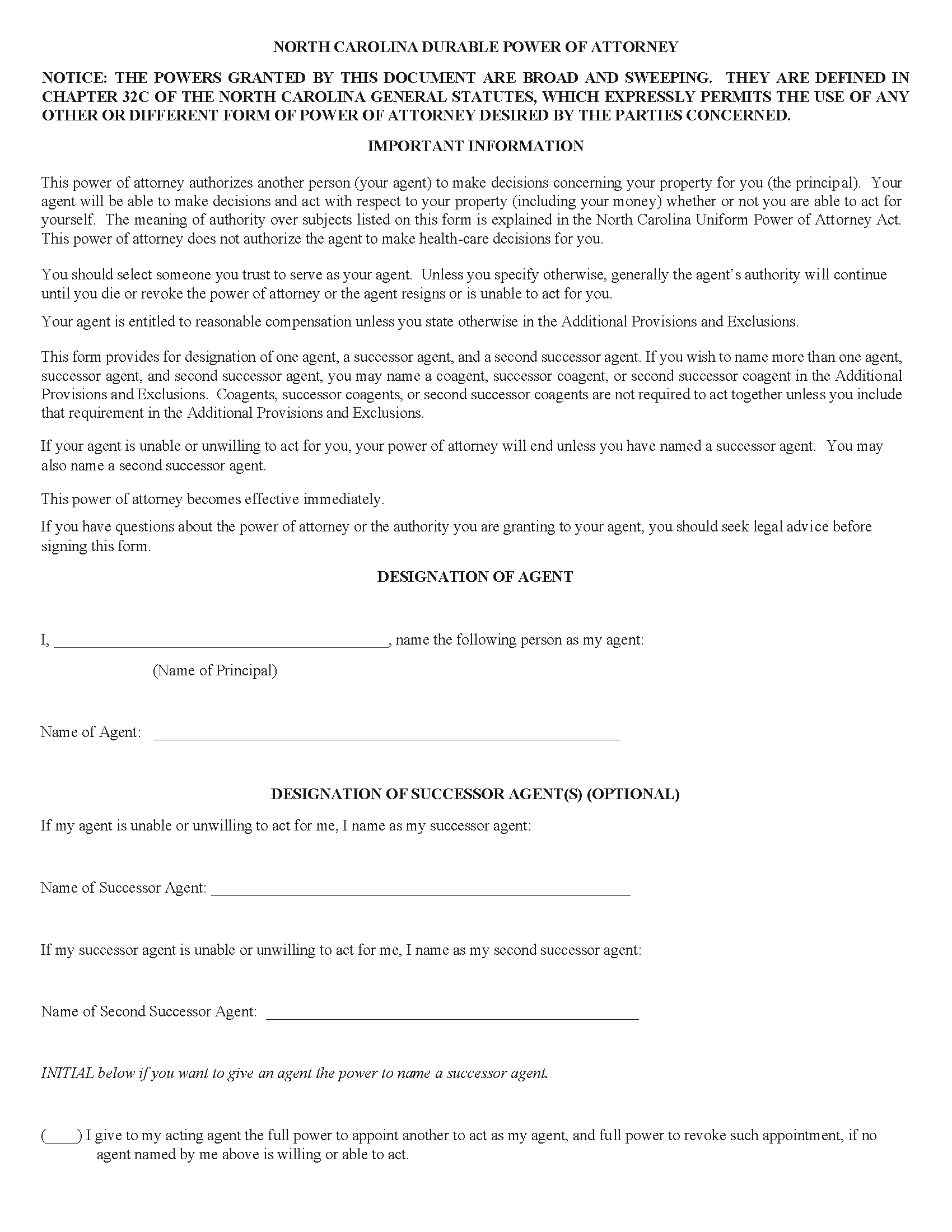 North Carolina Durable Power Of Attorney Form PDF Free Printable 