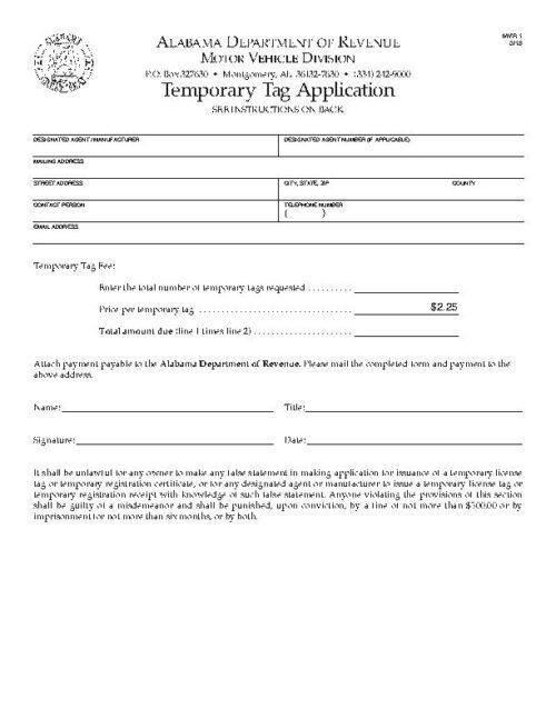 Alabama Application For Temporary Tag PDF