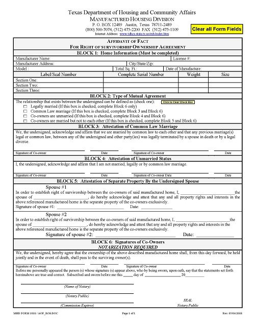 Texas Right of Survivorship Agreement For Manufactured Home PDF