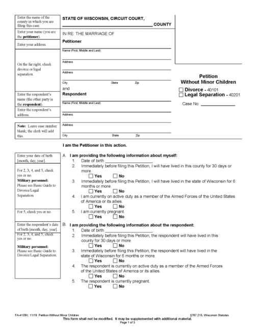 free wisconsin divorce petition without minor children pdf download free print