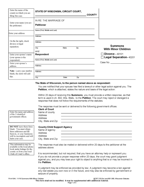wisconsin divorce summons with minor children pdf free printable legal forms