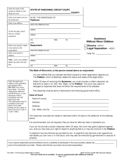wisconsin divorce summons without minor children pdf free printable legal forms