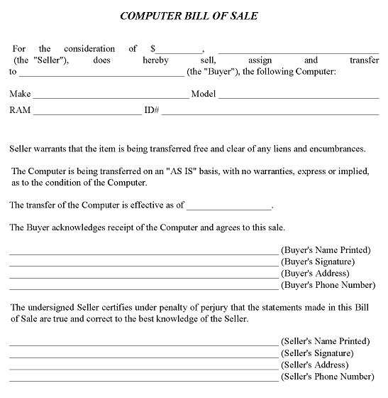 Computer Bill of Sale PDF
