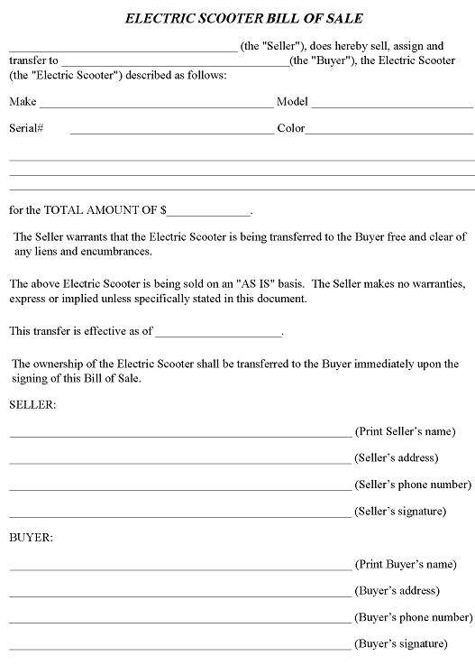 Electric Scooter Bill of Sale PDF