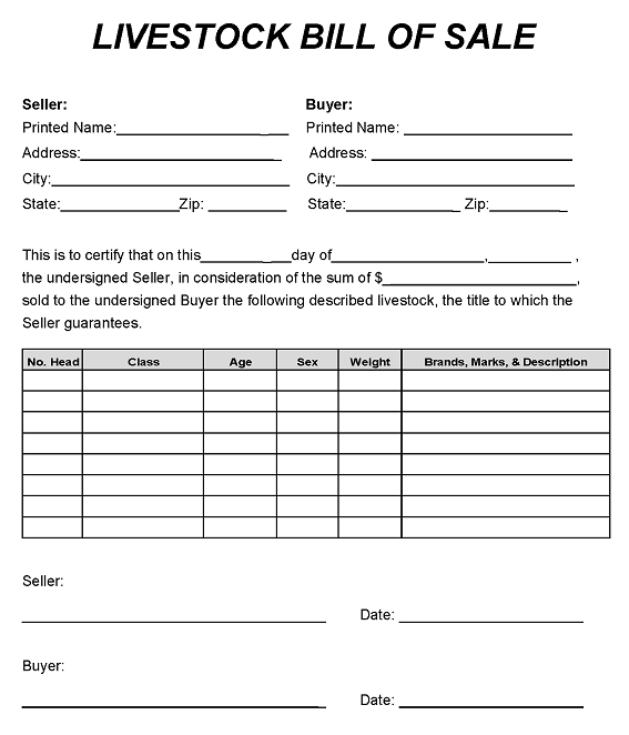Livestock Bill of Sale